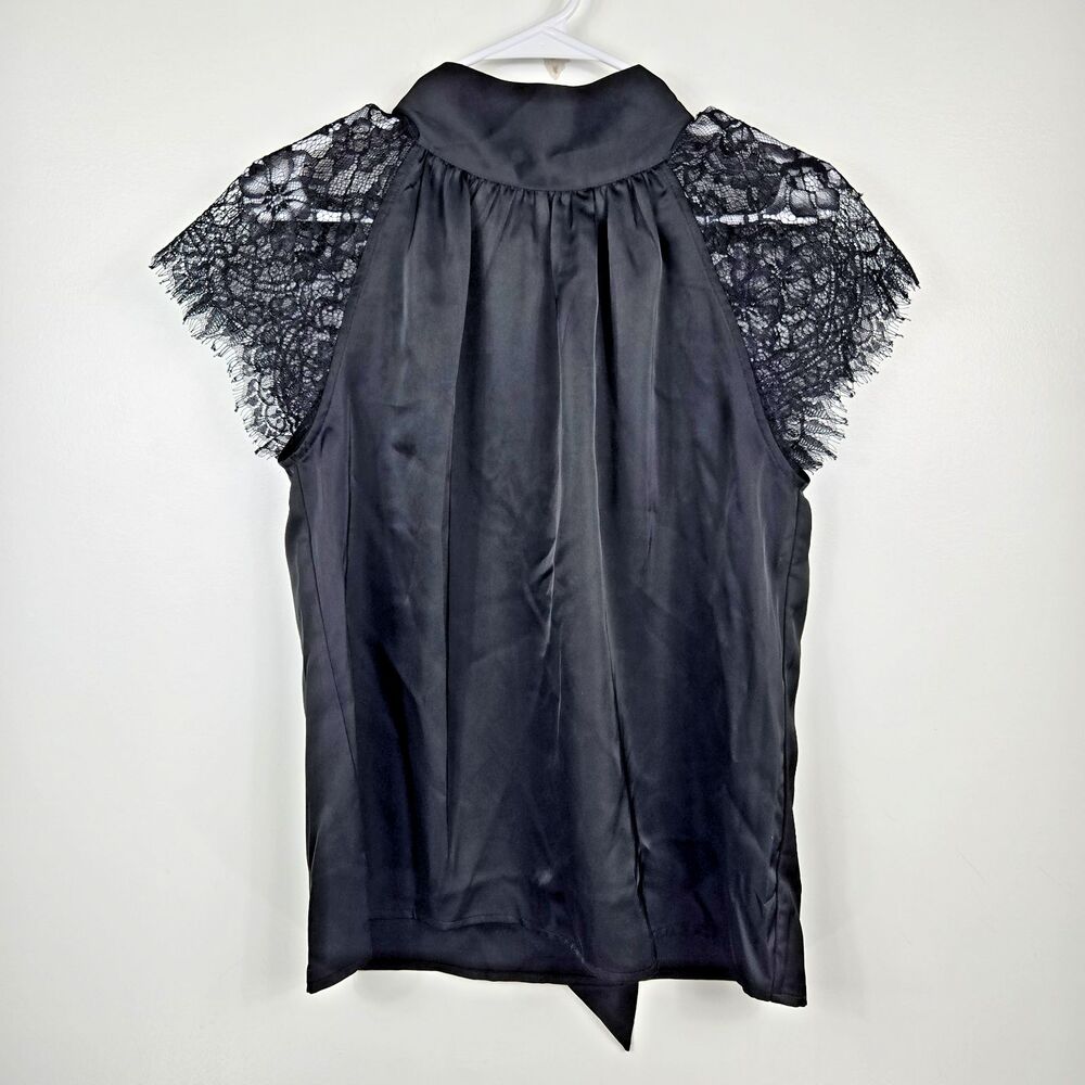 Gracia Women's Size Medium Black Lace Sleeves Bow at Back Blouse NWT